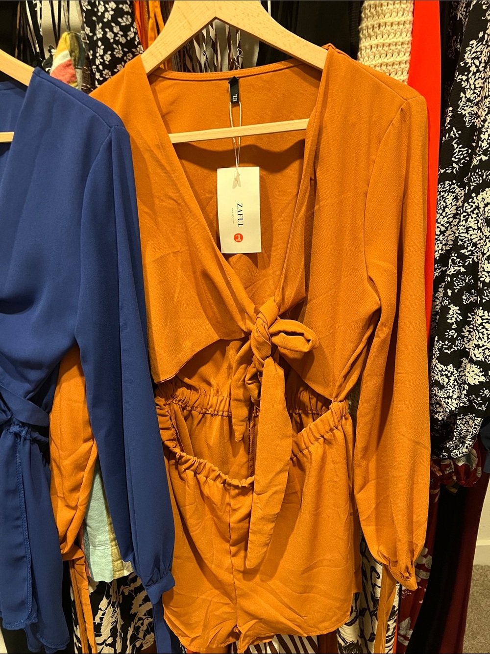 Zaful Rust Orange Tie-Front Long Sleeve Romper